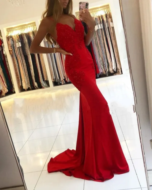 Red Lace Prom Dresses Spaghetti Straps Mermaid Evening Dress sold by My Chic Dress