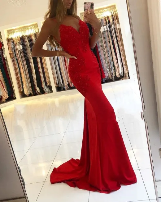 Red Lace Prom Dresses Spaghetti Straps Mermaid Evening Dress sold by My Chic Dress