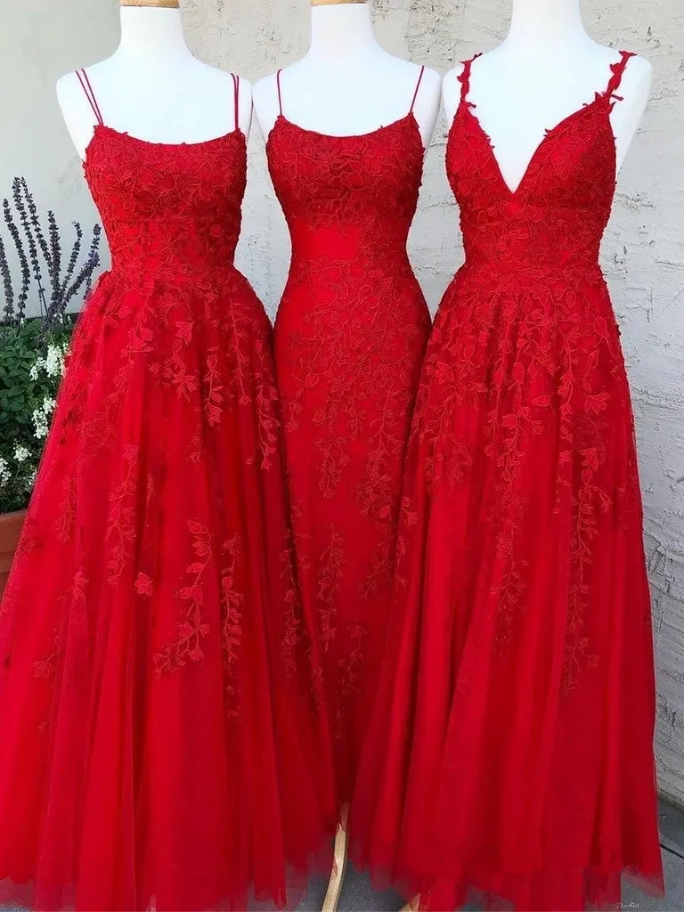 A Line Lace Red Prom Dresses Long Spaghetti Back Crossed sold by My Chic Dress product image thumbnail 3