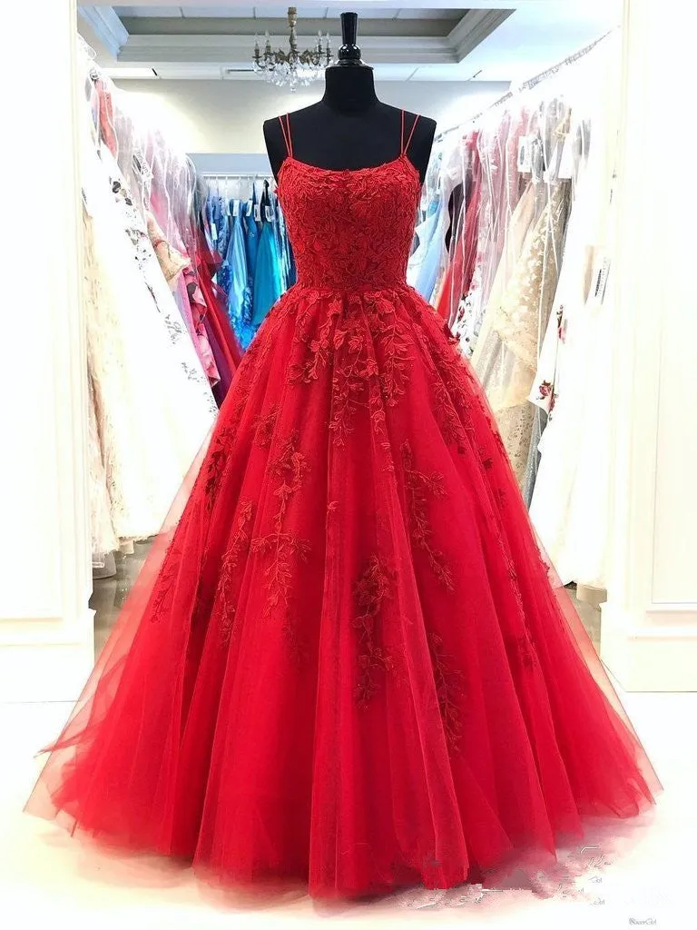 A Line Lace Red Prom Dresses Long Spaghetti Back Crossed sold by My Chic Dress product image thumbnail 2