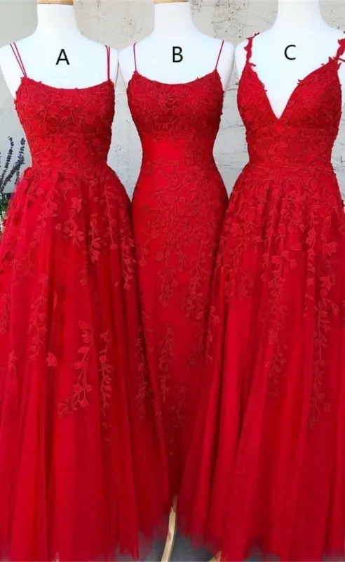 A Line Lace Red Prom Dresses Long Spaghetti Back Crossed sold by My Chic Dress
