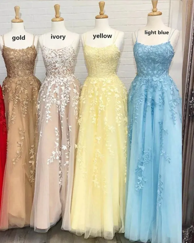 A Line Long Lace Prom Dresses Spaghetti Straps Sleeveless sold by My Chic Dress