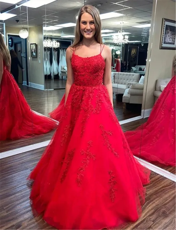 A Line Spaghetti Straps Red Lace Long Prom Dresses sold by My Chic Dress