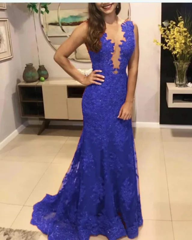 Royal Blue Lace Mermaid Prom Dresses Long Evening Dres sold by My Chic Dress