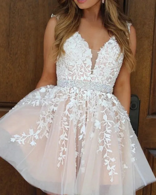 A Line Short Lace Prom Dresses with Beading Belt made by My Chic Dress