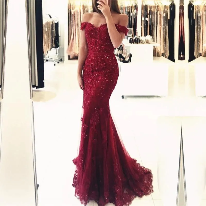 Off the Shoulder Lace Mermaid Burgundy Prom Dresses sold by My Chic Dress