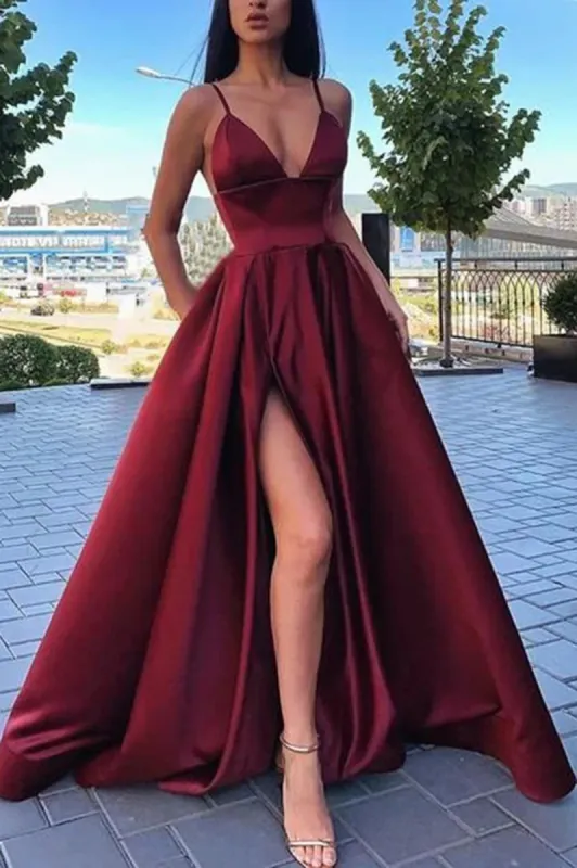 A Line Satin V Neck Burgundy 2025 Prom Dresses Spaghetti Straps sold by My Chic Dress