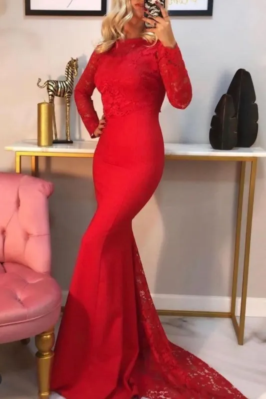 Sexy Mermaid Long Sleeves Red Lace Prom Dresses sold by My Chic Dress