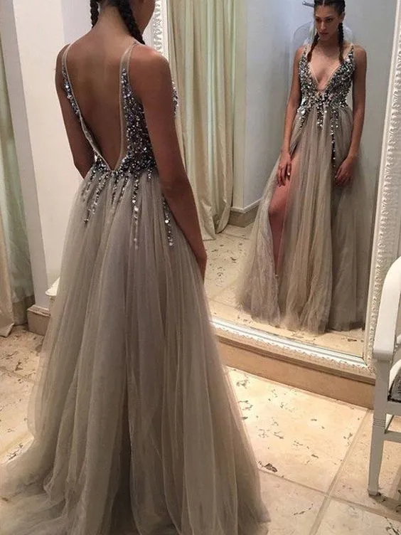 Sheath Beading Sequins Sleeveless V Neck Tulle Prom Dresses sold by My Chic Dress