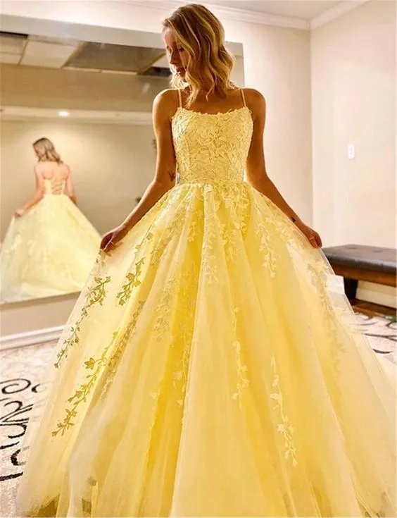A Line Floor Length Lace Pastel Yellow Prom Dresses Spaghetti Straps sold by My Chic Dress product image thumbnail 4