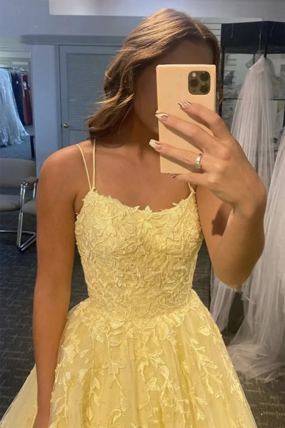 A Line Floor Length Lace Pastel Yellow Prom Dresses Spaghetti Straps sold by My Chic Dress product image thumbnail 2