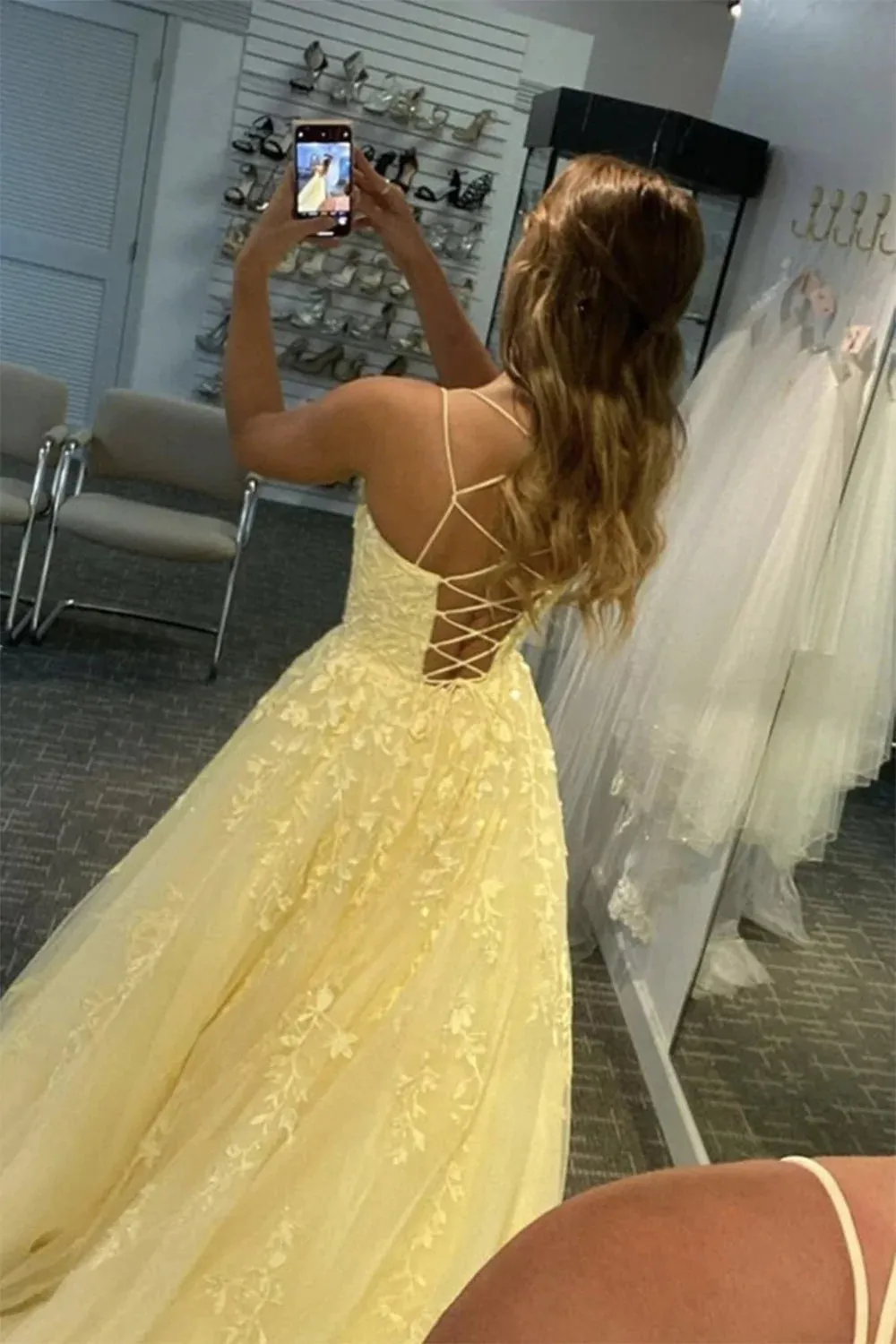 A Line Floor Length Lace Pastel Yellow Prom Dresses Spaghetti Straps sold by My Chic Dress product image thumbnail 3