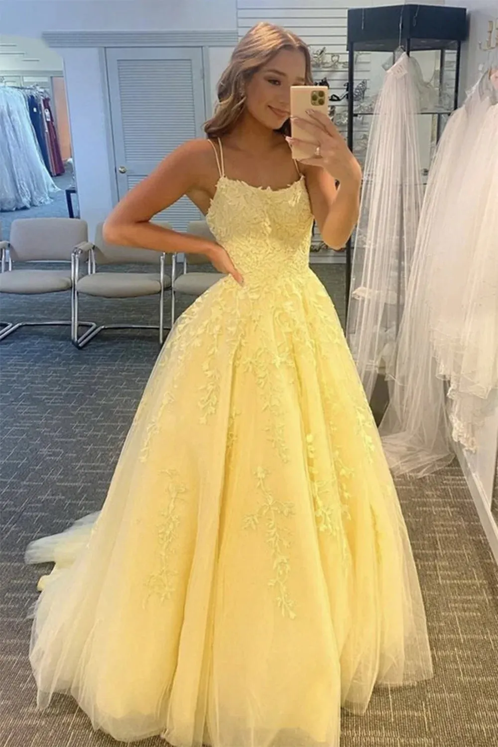 A Line Floor Length Lace Pastel Yellow Prom Dresses Spaghetti Straps sold by My Chic Dress