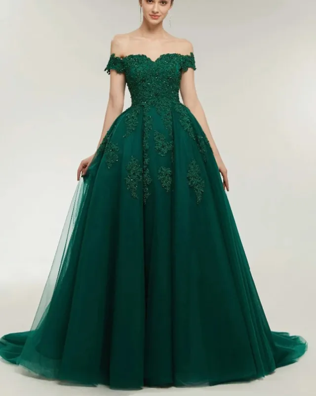 Dark Green Lace Ball Gown Prom Dresses Off the Shoulder Formal Gowns sold by My Chic Dress