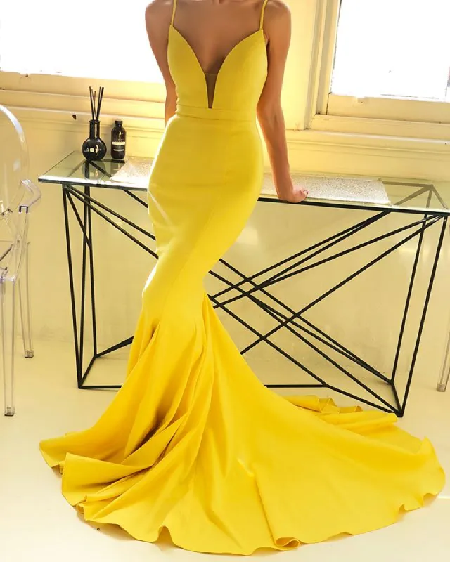 Mermaid Long V Neck Yellow Prom Dresses Spaghetti-Straps sold by My Chic Dress