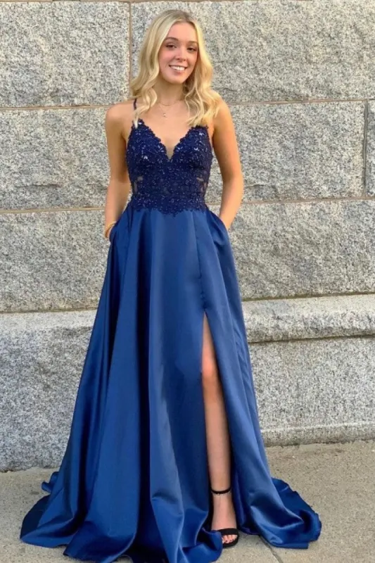 A Line Lace Satin Navy Blue Prom Dresses V Neck Spaghetti Straps sold by My Chic Dress