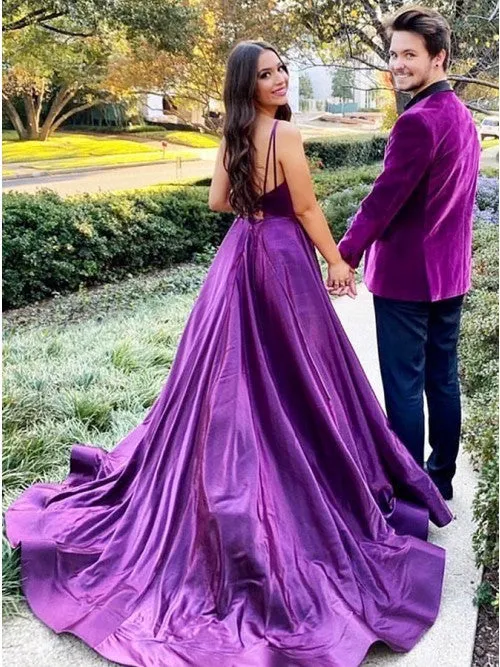 A-Line Long Purple Prom Dresses V neck Satin Evening Gown sold by My Chic Dress product image thumbnail 2