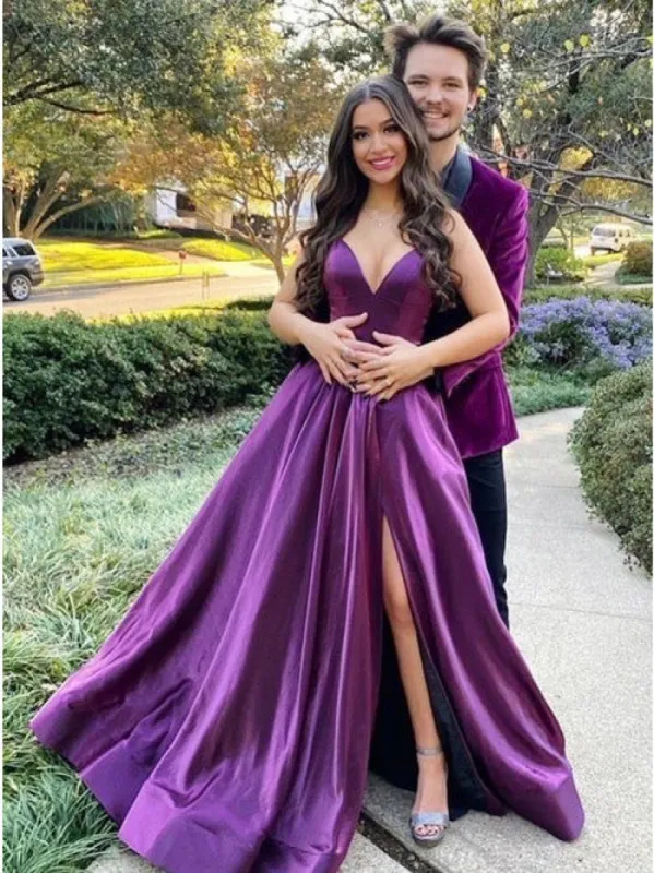 A-Line Long Purple Prom Dresses V neck Satin Evening Gown sold by My Chic Dress