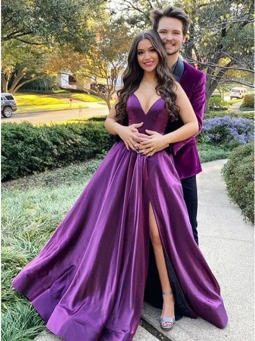 A-Line Long Purple Prom Dresses V neck Satin Evening Gown sold by My Chic Dress