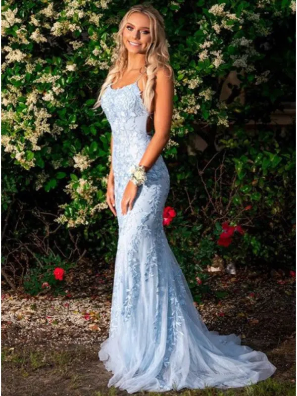 Mermaid Long Lace Light Blue Prom Dresses Spaghetti Straps sold by My Chic Dress