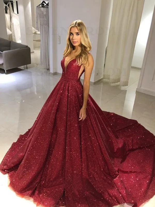 Sparkly V-Neck Glitter Burgundy Prom Dress Long Evening Dress sold by My Chic Dress