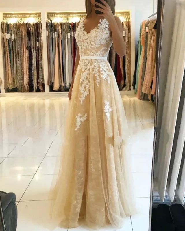 A Line V Neck Lace Champagne Prom Dresses Cheap sold by My Chic Dress