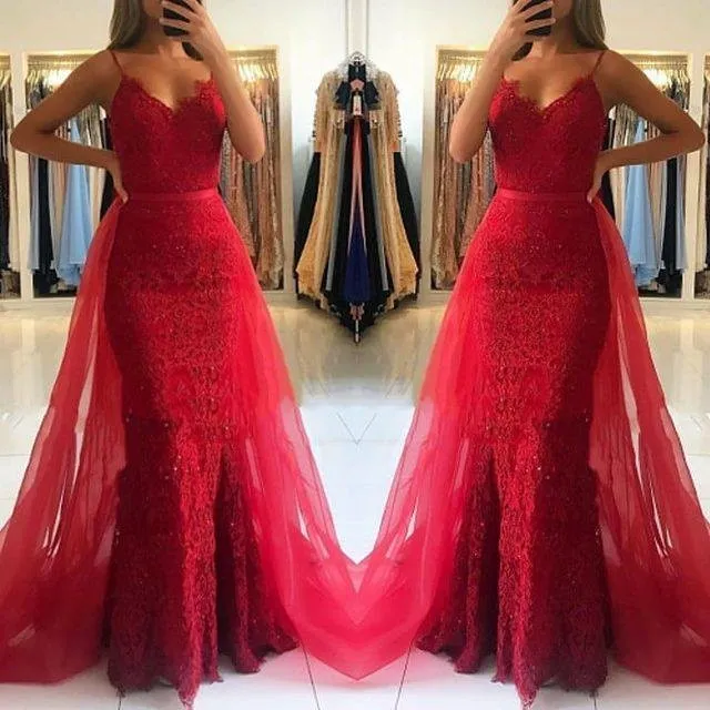 Mermaid Lace Red Prom Dresses Spaghetti Straps with Detachable Train sold by My Chic Dress product image thumbnail 2