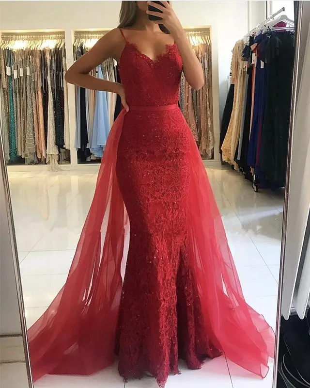 Mermaid Lace Red Prom Dresses Spaghetti Straps with Detachable Train sold by My Chic Dress