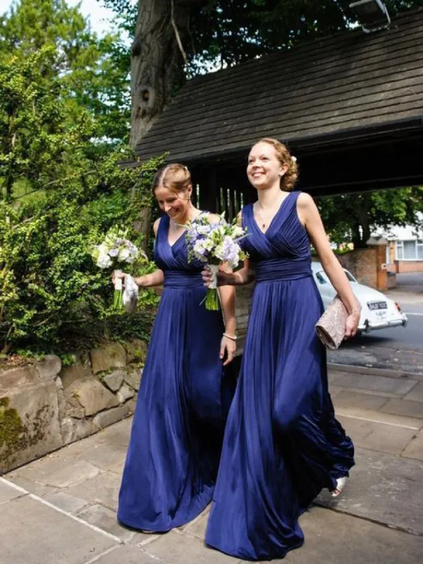 Sheath Long Royal Blue Bridesmaid Dresses V Neck Pleated Sleeveless sold by My Chic Dress