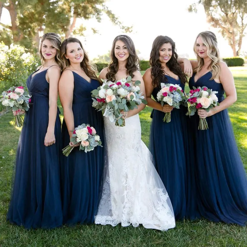 Floor-Length Tulle Navy Blue Bridesmaid Dresses V Neck Dress sold by My Chic Dress