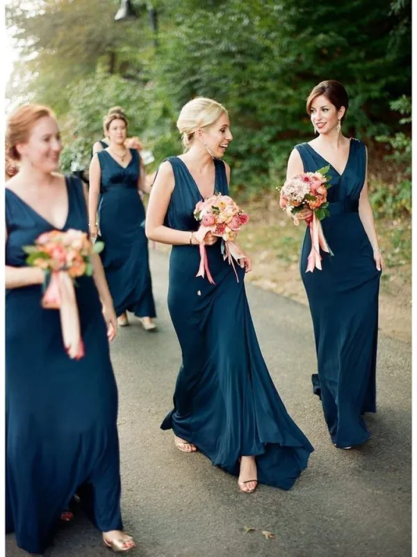 Sheath Cheap Long V Neck Ink Blue Bridesmaid Dresses sold by My Chic Dress