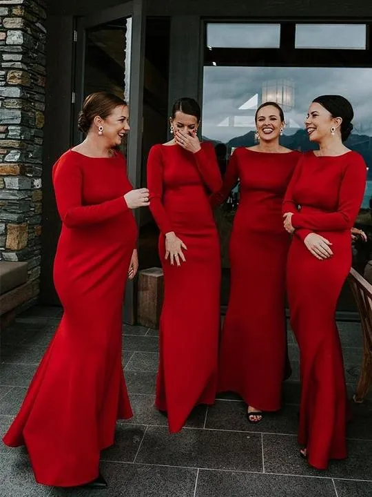 Simple Mermaid Long Red Bridesmaid Dresses with Sleeve sold by My Chic Dress