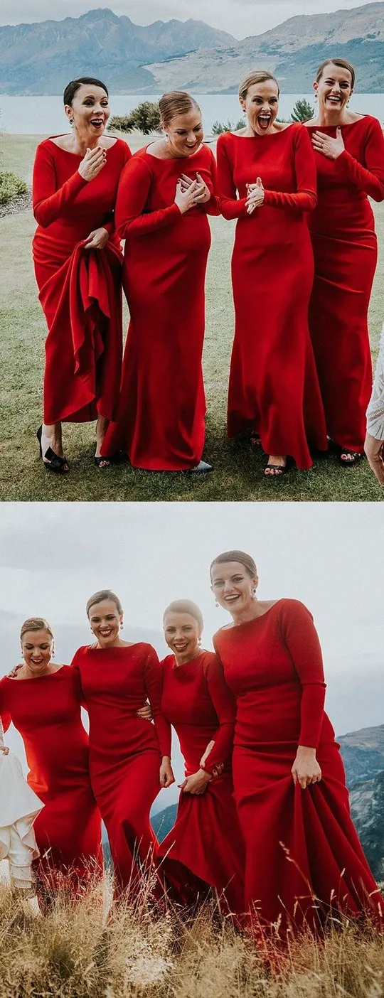 Simple Mermaid Long Red Bridesmaid Dresses with Sleeve sold by My Chic Dress product image thumbnail 2
