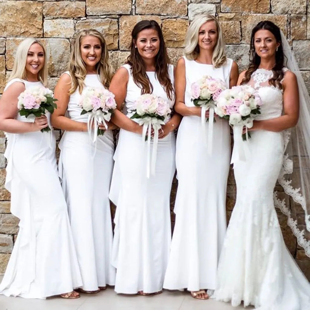 White Mermaid Bridesmaid Dresses Sleeveless Long With Ruffles sold by My Chic Dress