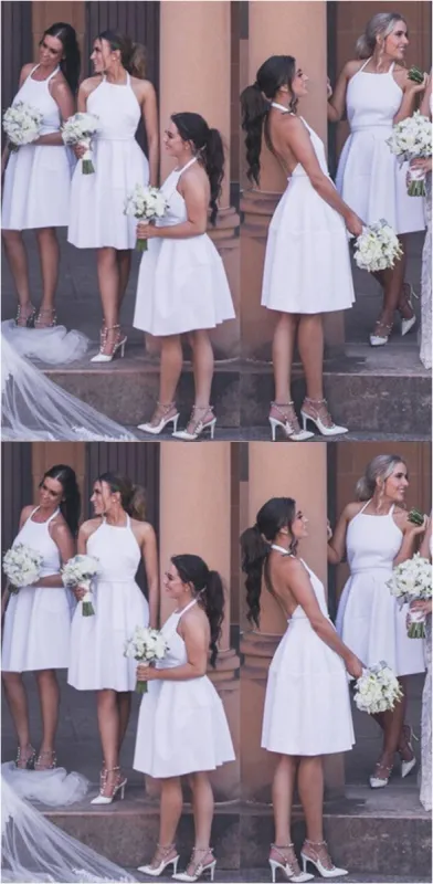 Cheap White Short Bridesmaid Dresses Halter Sleeveless Backless sold by My Chic Dress