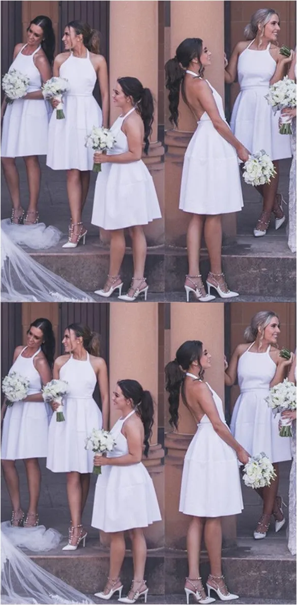 Cheap White Short Bridesmaid Dresses Halter Sleeveless Backless sold by My Chic Dress