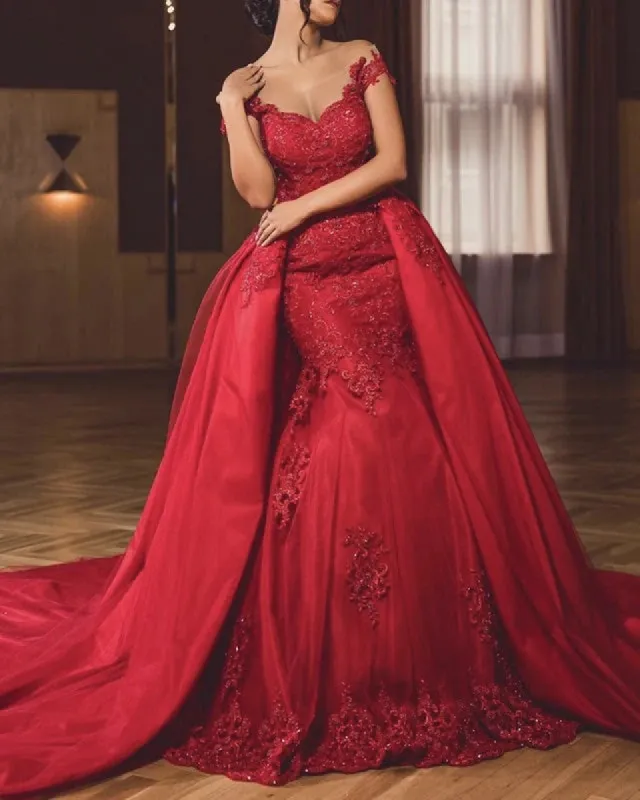 Hot Lace Mermaid Off the Shoulder Red Prom Dresses with Skirt sold by My Chic Dress