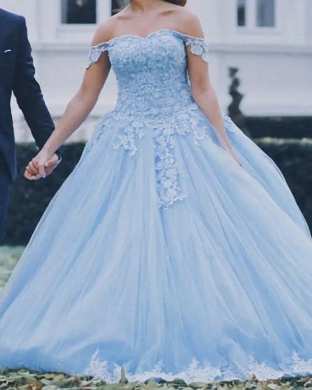 Off the Shoulder Light Blue Lace Ball Gown Quinceanera Dresses sold by My Chic Dress