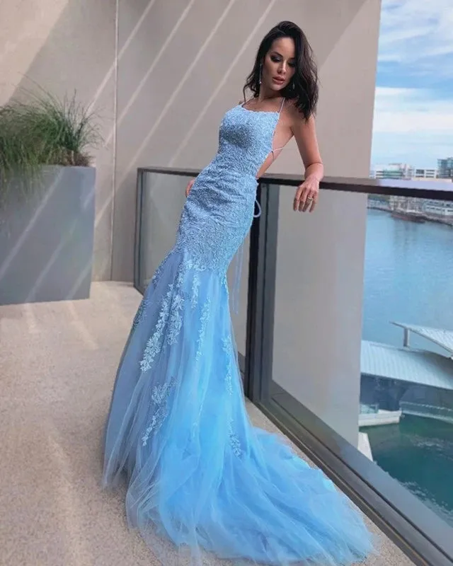 Sexy Mermaid Light Blue Lace Prom Dresses Open Back sold by My Chic Dress product image thumbnail 3