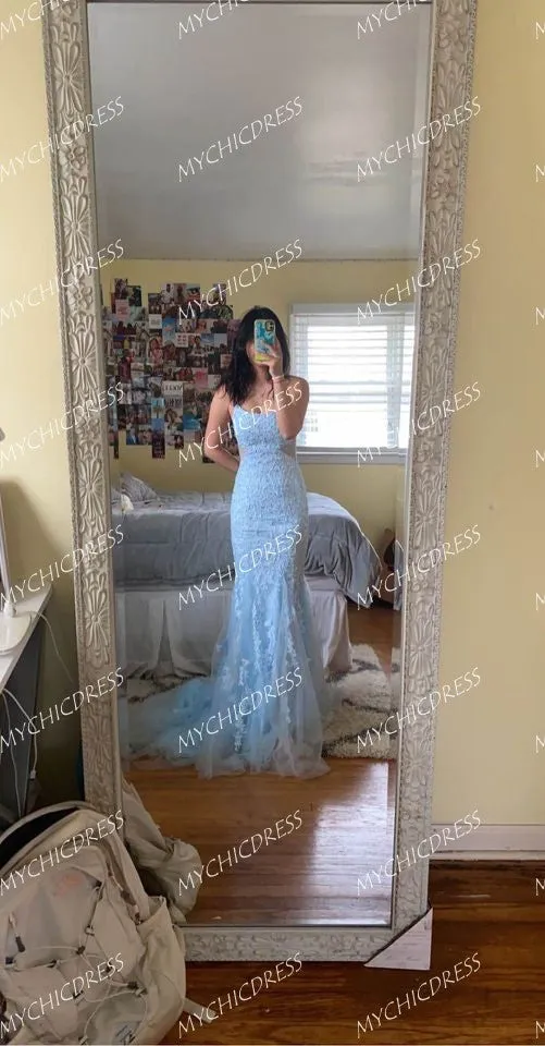 Sexy Mermaid Light Blue Lace Prom Dresses Open Back sold by My Chic Dress product image thumbnail 4
