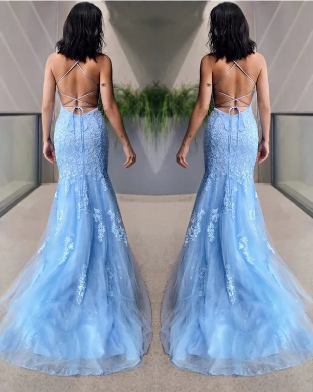 Sexy Mermaid Light Blue Lace Prom Dresses Open Back sold by My Chic Dress product image thumbnail 2