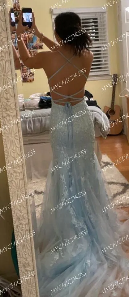 Sexy Mermaid Light Blue Lace Prom Dresses Open Back sold by My Chic Dress product image thumbnail 5
