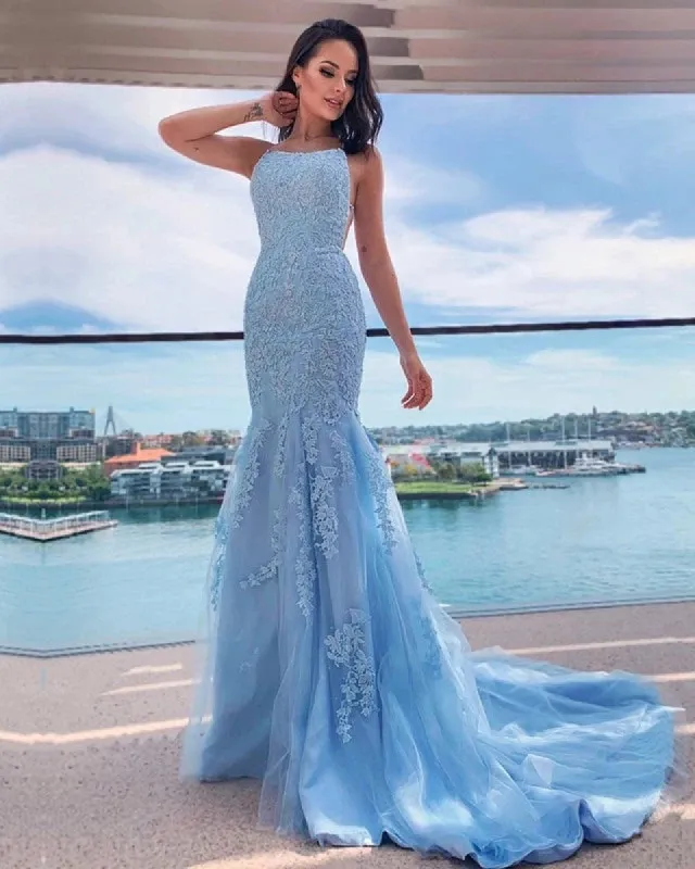 Sexy Mermaid Light Blue Lace Prom Dresses Open Back sold by My Chic Dress