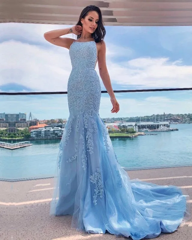 Sexy Mermaid Light Blue Lace Prom Dresses Open Back sold by My Chic Dress