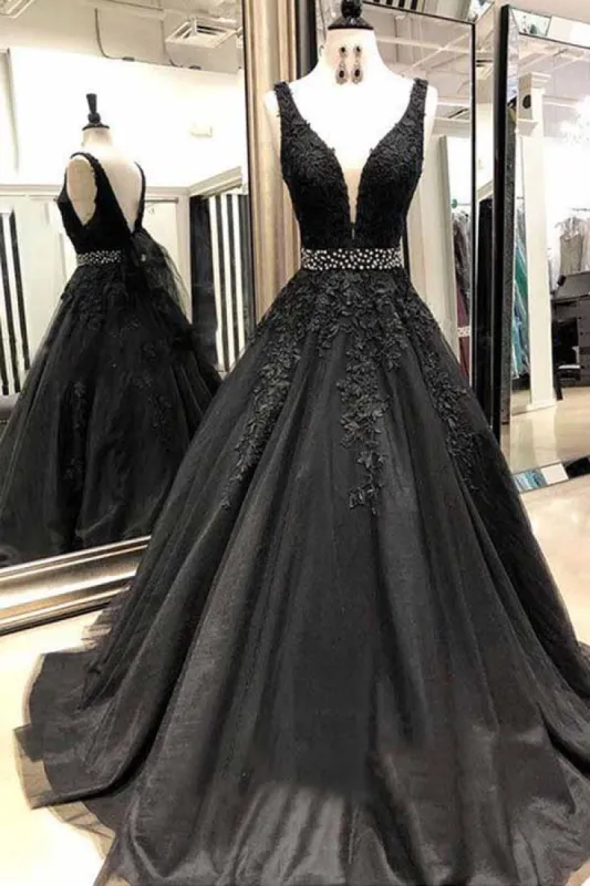 Sexy Sleeveless V Neck Lace Beading Black Long Prom Dresses sold by My Chic Dress