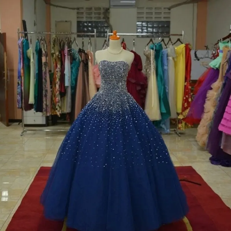 Sparkly Beaded Strapless Navy Blue Ball Gown Prom Dresses sold by My Chic Dress