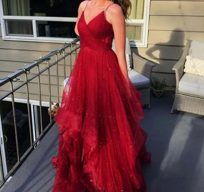 A Line Spaghetti Straps Sparkly 2025 Red Tulle Prom Dresses sold by My Chic Dress