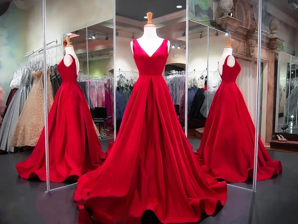 A Line Red Prom Dresses V Neck Satin Long Evening Dress sold by My Chic Dress product image thumbnail 3