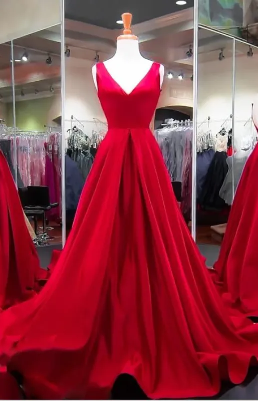 A Line Red Prom Dresses V Neck Satin Long Evening Dress sold by My Chic Dress