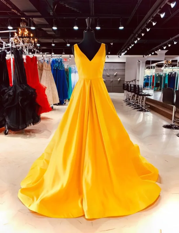 A Line Long V Neck Sleeveless Yellow Prom Formal Dresses sold by My Chic Dress